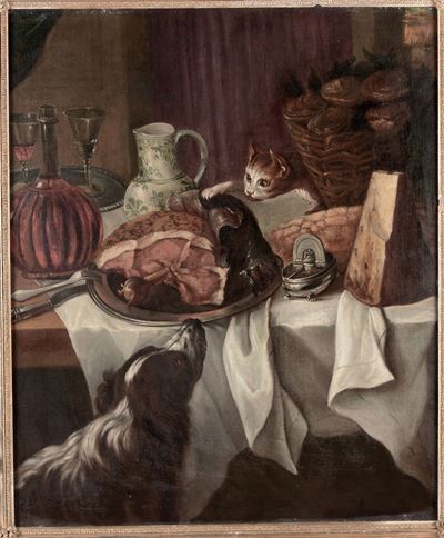 Claude Francois Desportes (1695-1774)interno con Natura Morta e Gatto
