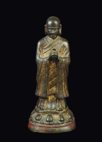 Figura di Luohan in Bronzo con Tracce di Doratura, Cina, Dinastia Qing, XVIII Secolo