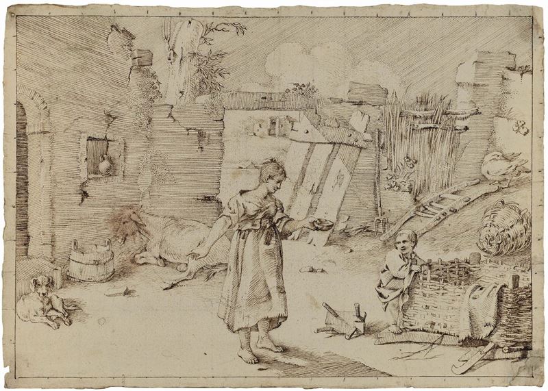 Sinibaldo Scorza (Voltaggio 1589 - Genova 1631) Figure e animali nell'aia  - Auction Old Masters Drawings - II - Cambi Casa d'Aste
