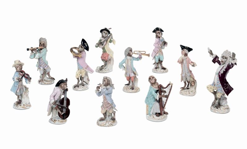Concerto di scimmiette musicanti in porcellana, Meissen XX secolo  - Asta Antiquariato e Dipinti Antichi - I - Cambi Casa d'Aste