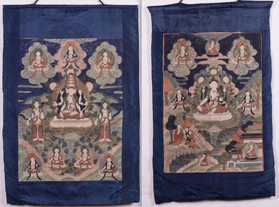 Due Tanka a Fondo Blu con Numerose Divinità, Tibet, XIX Secolo