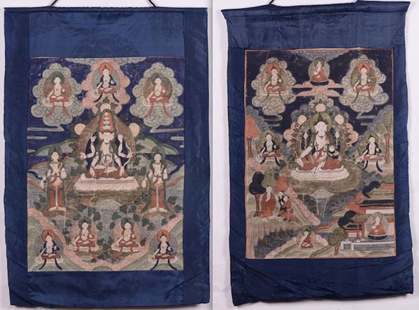 Two blue-ground tanka with numerous deities, Tibet, 19th century