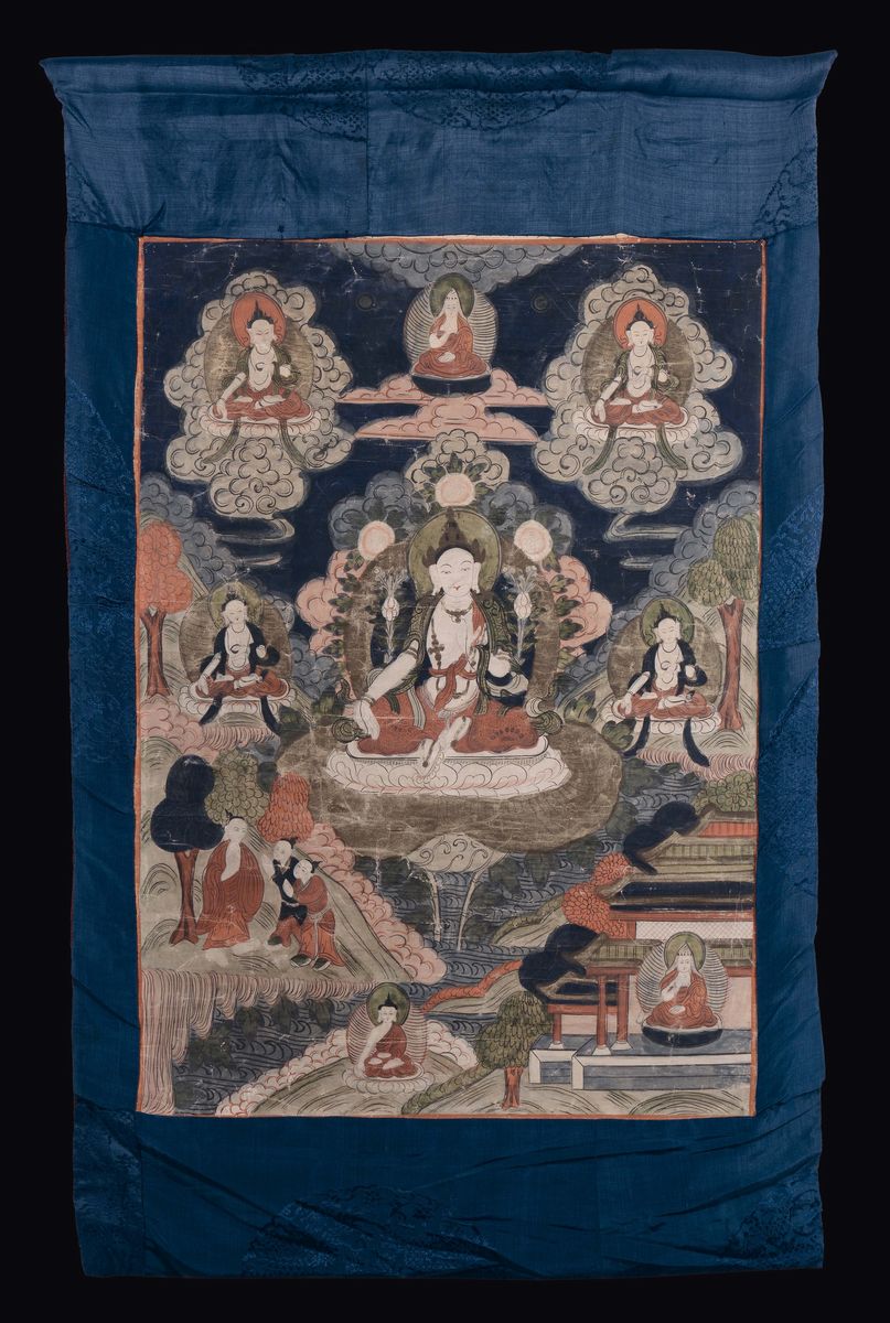 Due Tanka a Fondo Blu con Numerose Divinità, Tibet, XIX Secolo