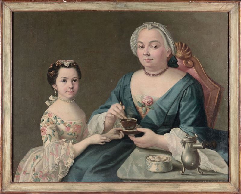 Sebastiano Ceccarini (Fano 1702-1783) Ritratto con figure che bevono cioccolata  - Auction Antique and Old Masters - I - Cambi Casa d'Aste