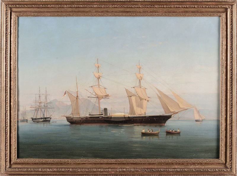 Tommaso de Simone (1805-1888) Ritratto dell'HMS Majcienne nel golfo di Napoli  - Asta Antiquariato e Dipinti Antichi - I - Cambi Casa d'Aste
