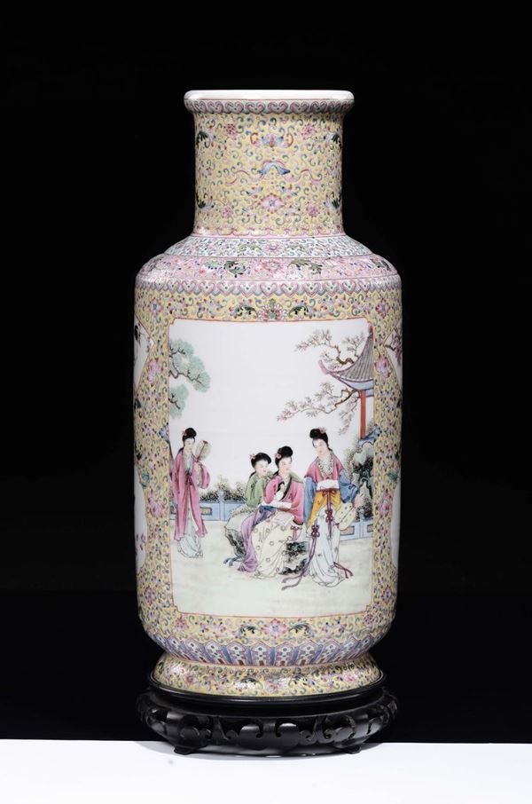 A yellow-ground polychrome enamelled porcelain vase with Guanyin within reserves, China, 20th century