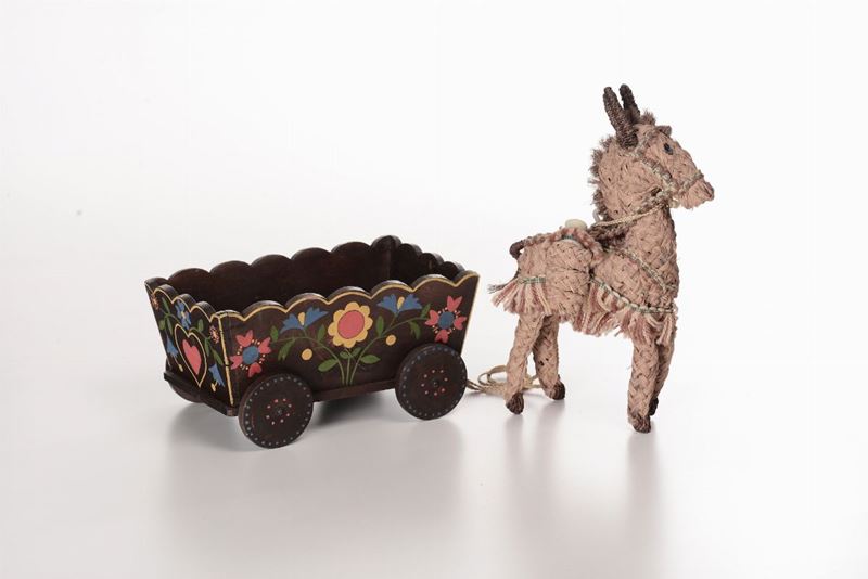 Asino di pezza con carro in legno dipinto, Lenci  - Auction Antique Online Auction - Cambi Casa d'Aste