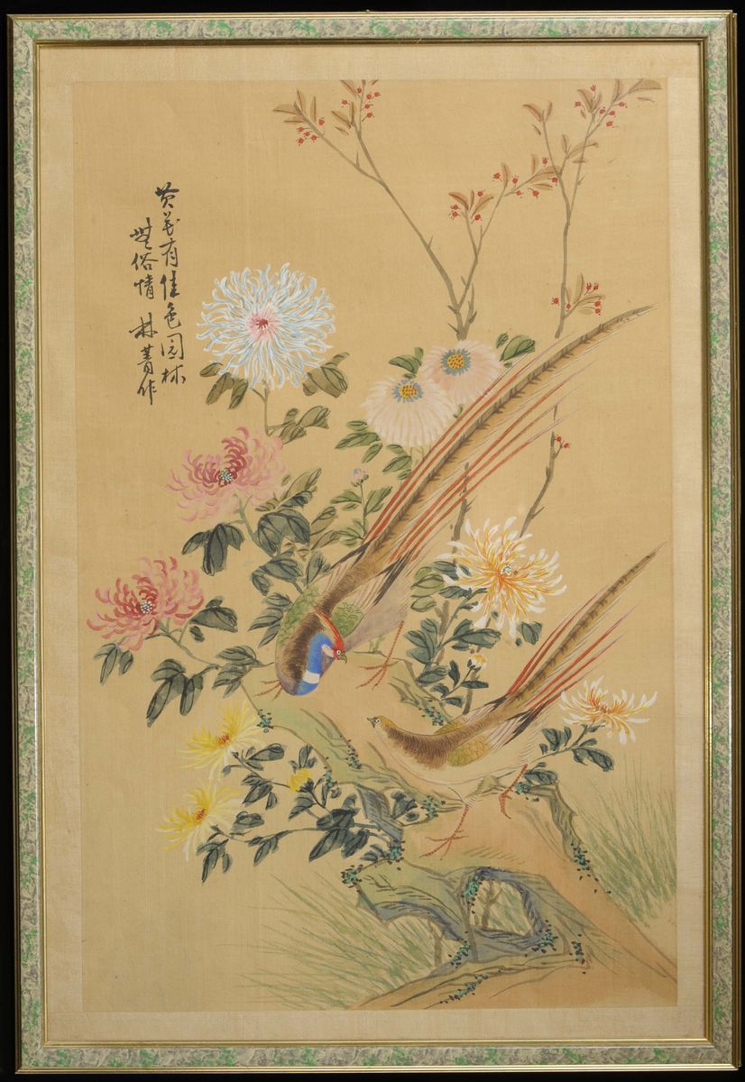 Lotto di Quattro Disegni Incorniciati Raffiguranti Fiori, Uccelli e Iscrizioni, Cina, XX Secolo