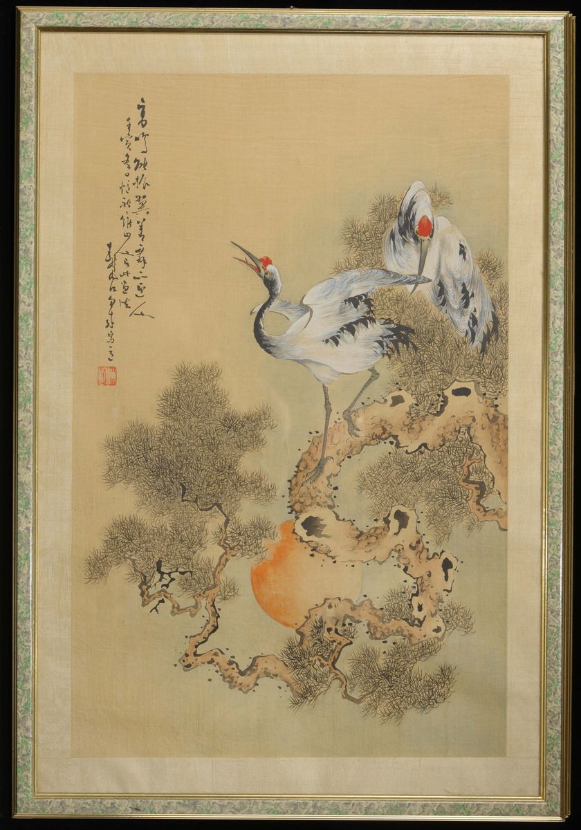 Lotto di Quattro Disegni Incorniciati Raffiguranti Fiori, Uccelli e Iscrizioni, Cina, XX Secolo