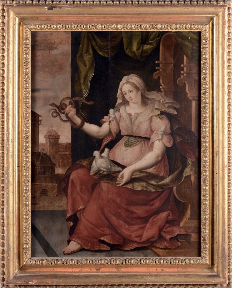Scuola Fiamminga della fine del XVI secolo Giovane sposa con simbologia del matrimonio  - Asta Antiquariato e Dipinti Antichi - I - Cambi Casa d'Aste