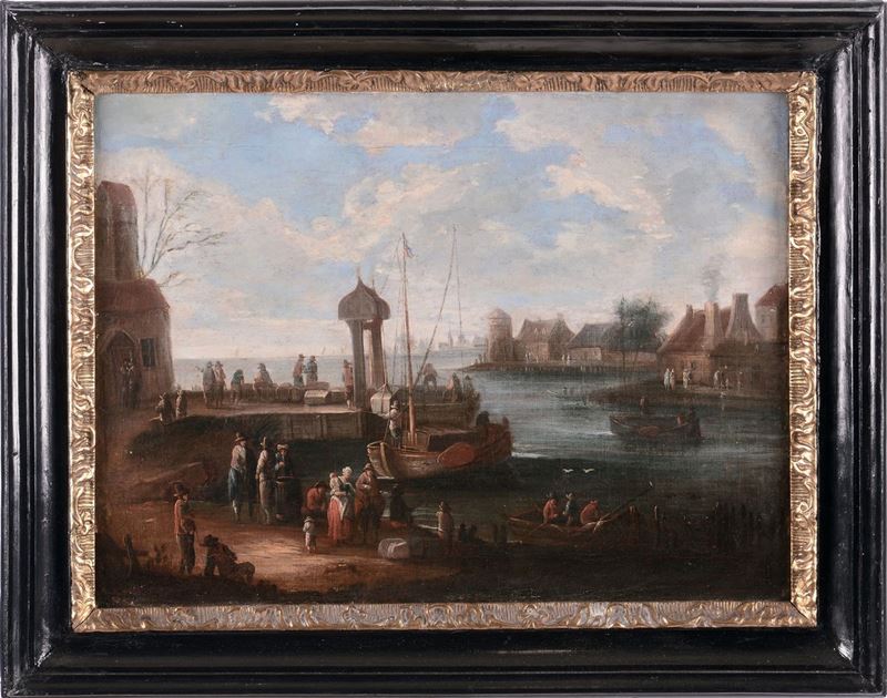 Scuola Fiamminga del XVII-XVIII secolo Paesaggio con porto  - Auction Antique and Old Masters - I - Cambi Casa d'Aste
