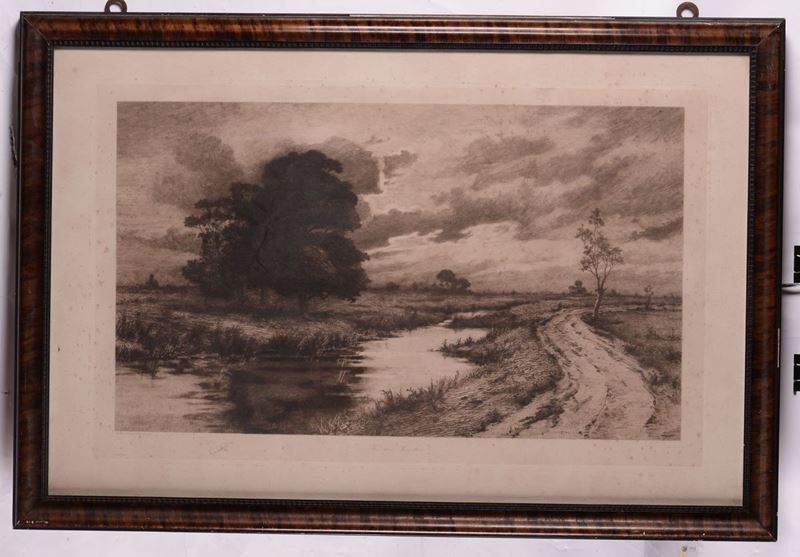 Stampa raffigurante paesaggio con fiume  - Asta Antiquariato e Dipinti Antichi - I - Cambi Casa d'Aste