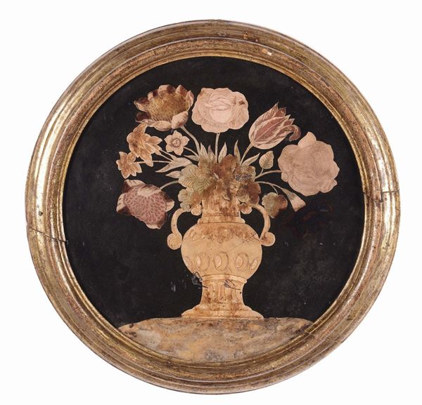 Coppia di pannelli in scagliola decorati con vasi di fiori, XVIII secolo