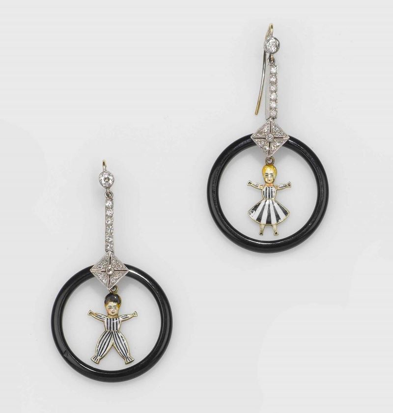 A pair of art deco onix, diamond and enamel pendent earrings  - Auction Fine Jewels - II - Cambi Casa d'Aste
