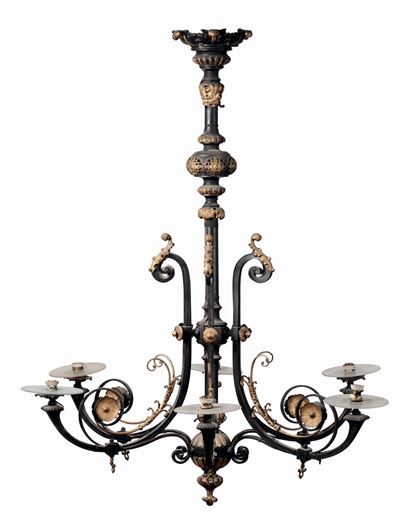 Grande Lampadario a Sei Luci in Bronzo Dorato ed Ebanizzato
