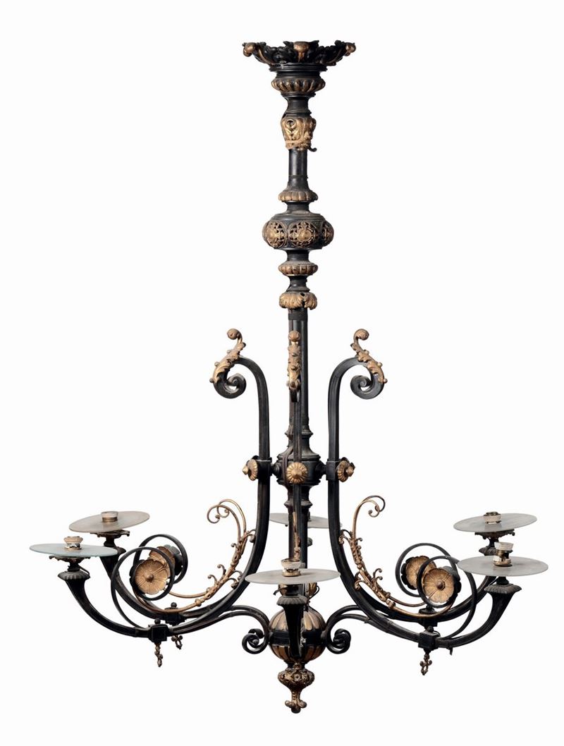 Grande lampadario a sei luci in bronzo dorato ed ebanizzato  - Asta Antiquariato e Dipinti Antichi - I - Cambi Casa d'Aste