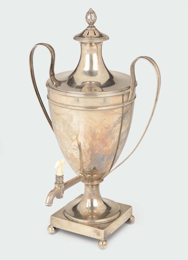 A molten, embossed and chiselled silver samovar, silversmith William Laver, London 1789