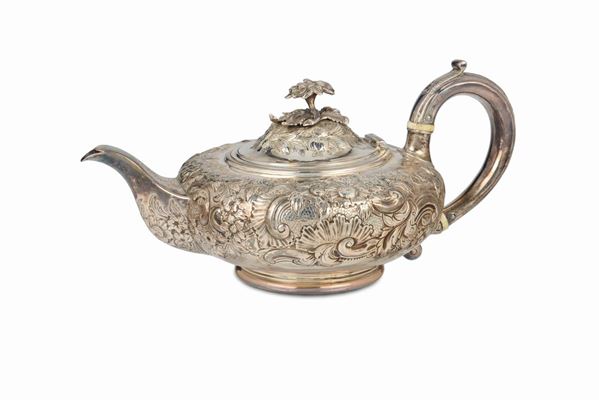 An embossed, molten and chiselled silver tea-pot, silversmiths Joseph & John Wood, London 1840
