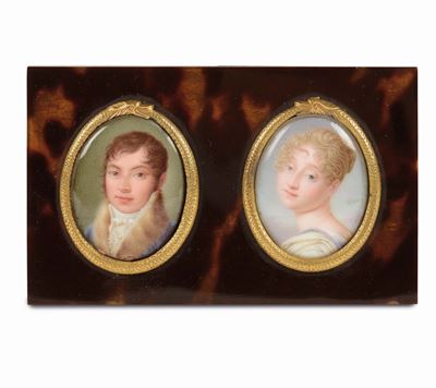 Coppia di Miniature Ovali su Avorio Raffiguranti Giangiacomo Trivulzio e Beatrice Serbelloni Firm...