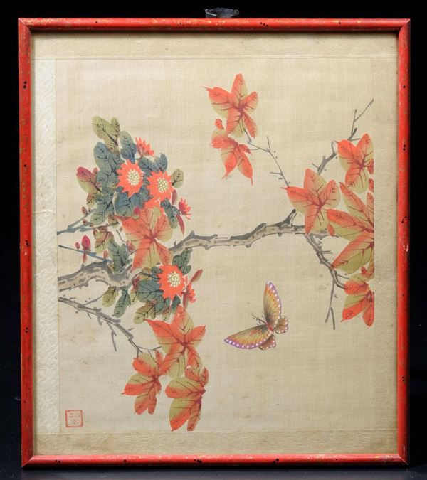 Quattro dipinti su carta incorniciati raffiguranti uccelli e fiori, Cina, XX secolo