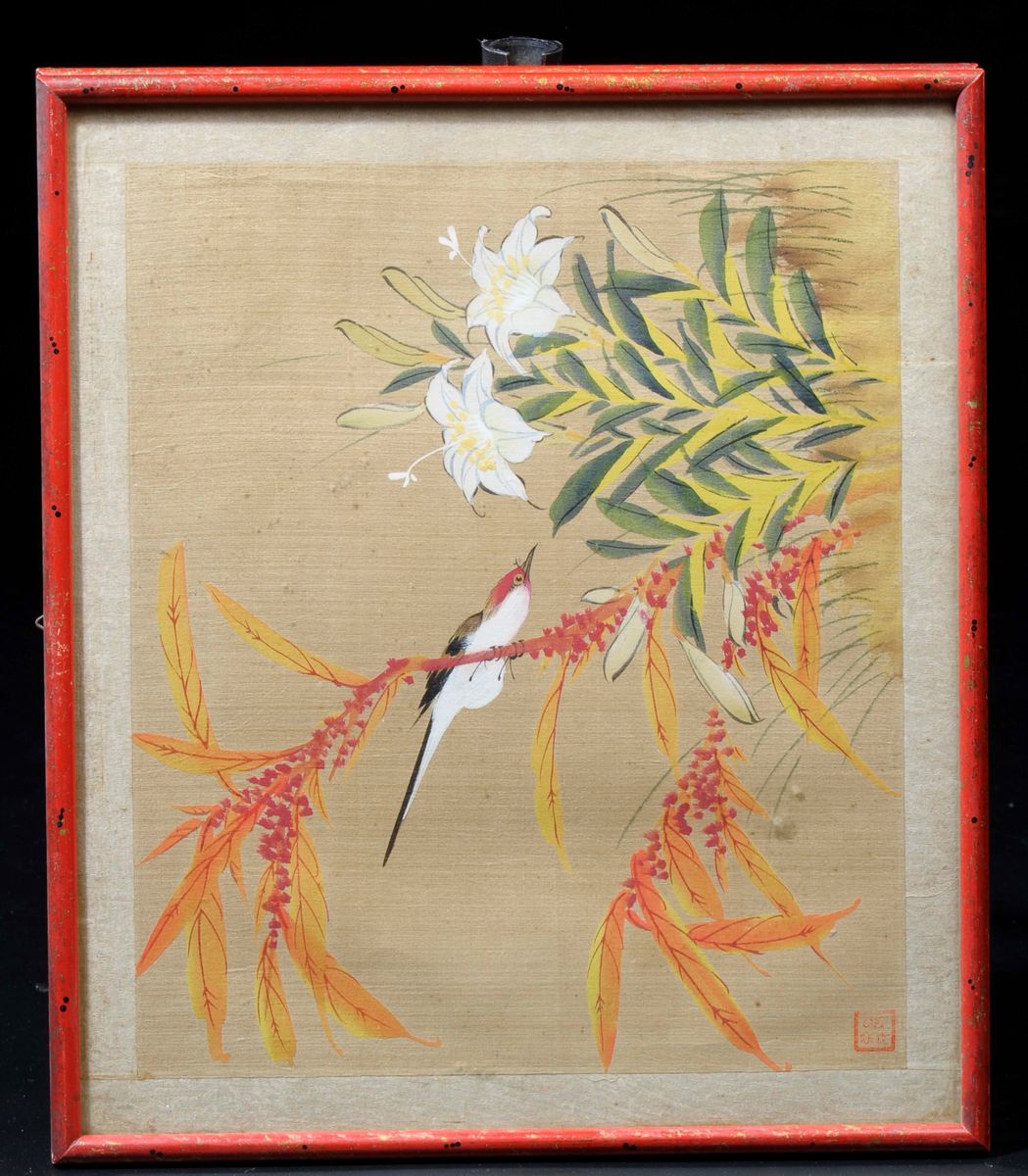 Quattro Dipinti su Carta Incorniciati Raffiguranti Uccelli e Fiori, Cina, XX Secolo