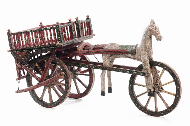 Carretto indiano in legno policromo, XIX secolo  - Asta Arredi dalle dimore degli eredi Ercole Marelli e altre provenienze - Cambi Casa d'Aste