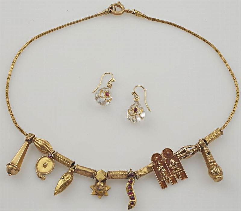 Lotto composto da un girocollo con rubini ed un paio di orecchini con cristallo di rocca  - Auction Antique and Old Masters - I - Cambi Casa d'Aste