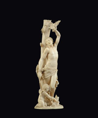 Figura di San Sebastiano in Avorio Intagliato, Scultore Barocco Tedesco del XVII Secolo