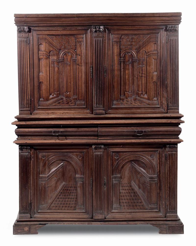 Credenza a due corpi in noce, XIX secolo  - Asta Antiquariato e Dipinti Antichi - I - Cambi Casa d'Aste