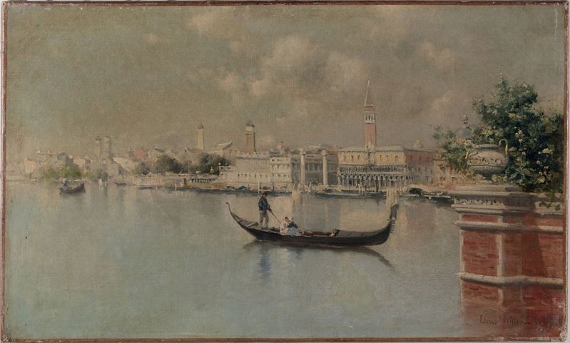 Eliseo Meifrén Roig (1859-1940) Veduta del bacino di San Marco con gondola  - Auction Antique and Old Masters - I - Cambi Casa d'Aste