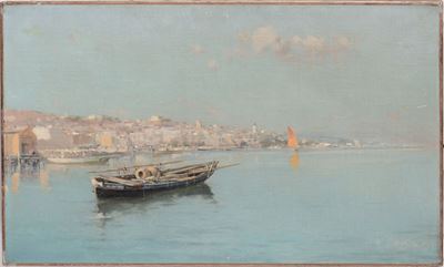 Eliseo Meifrén Roig (1859-1940)marina con Imbarcazione