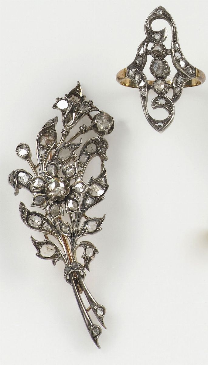 Parure composta da anello e spilla con rosette di diamanti  - Auction Antique and Old Masters - I - Cambi Casa d'Aste