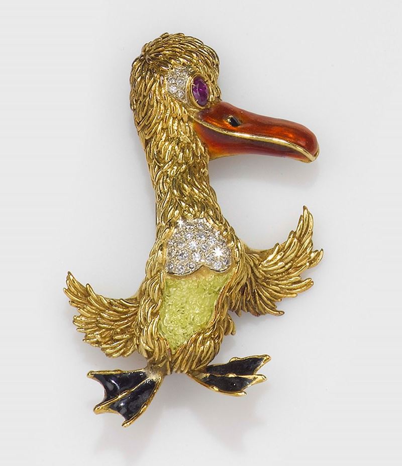 Chiappe. A diamond, ruby, enamel and gold brooch  - Auction Fine Jewels - II - Cambi Casa d'Aste