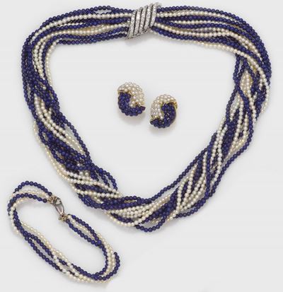 Parure Composta da Orecchini, Collana e Bracciale con Perle, Lapislazzuli e Diamanti