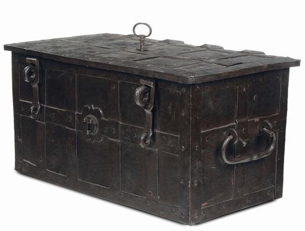 A molten, wrought, fretworked and chiselled iron chest, Lombardy 16th century