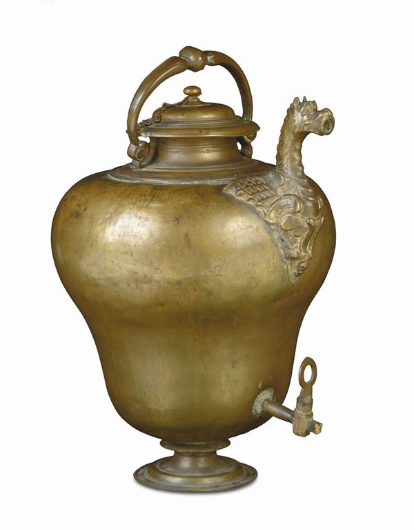 A large molten and chiselled bronze and embossed brass ewer, Italian art, 16th-17th century, probably Tuscany
