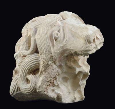Testa di Leone Scolpita in Pietra Calcarea Bianca, XIII-XIV Secolo