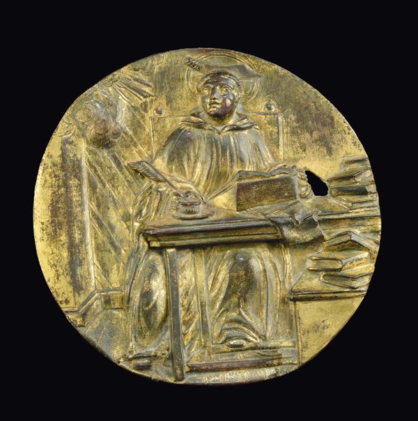 St Peter Martyr, gilt copper round plate, central Italian art, 17th century