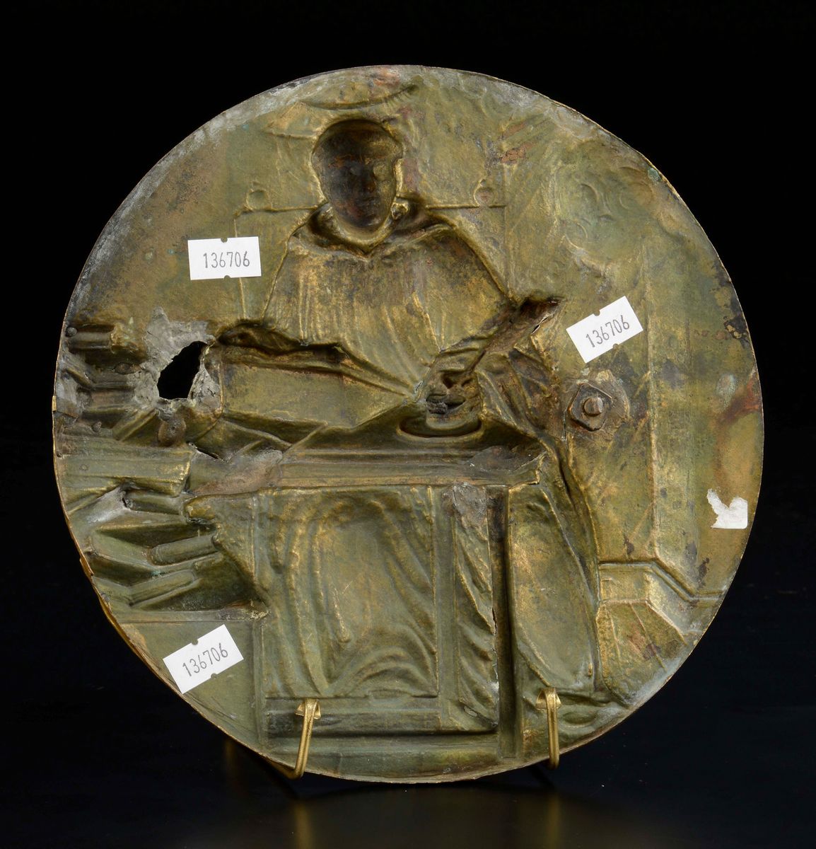 San Pietro Martire, Placca Tonda in Rame Dorato, Arte Centro Italiana del XVII Secolo