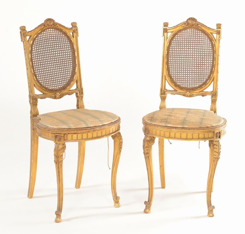 Coppia di sedie in legno scolpito e dorato, XIX secolo  - Auction Antique and Old Masters - I - Cambi Casa d'Aste