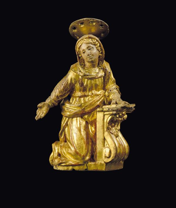 A polychrome and gilt wooden Virgin Mother being Announced sculpture, sculptor working in Veneto or Lombardy between the 16th and the 17th century
