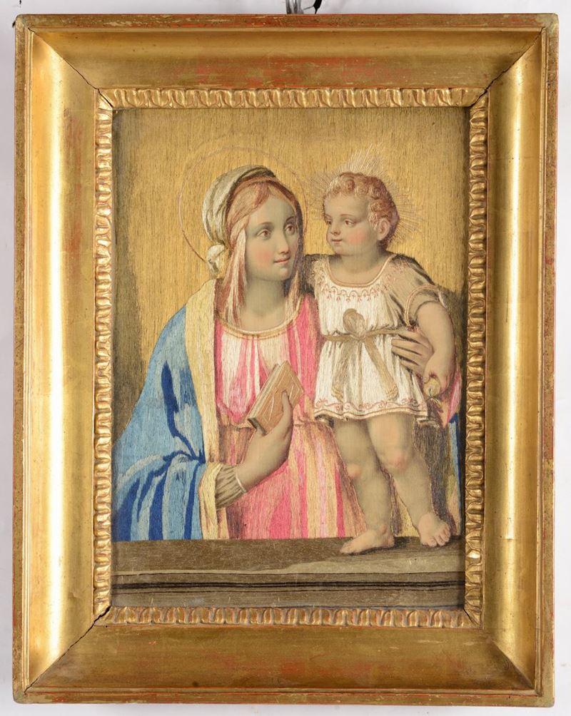 Ricamo su tela, XVIII secolo Madonna con bambino  - Auction Furnishings from the mansions of the Ercole Marelli heirs and other property - Cambi Casa d'Aste