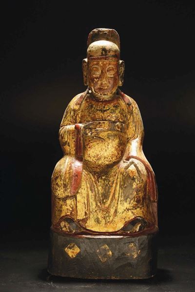 Figura di Dignitario su Trono in Legno Laccato, Cina, Dinastia Qing, XVIII Secolo