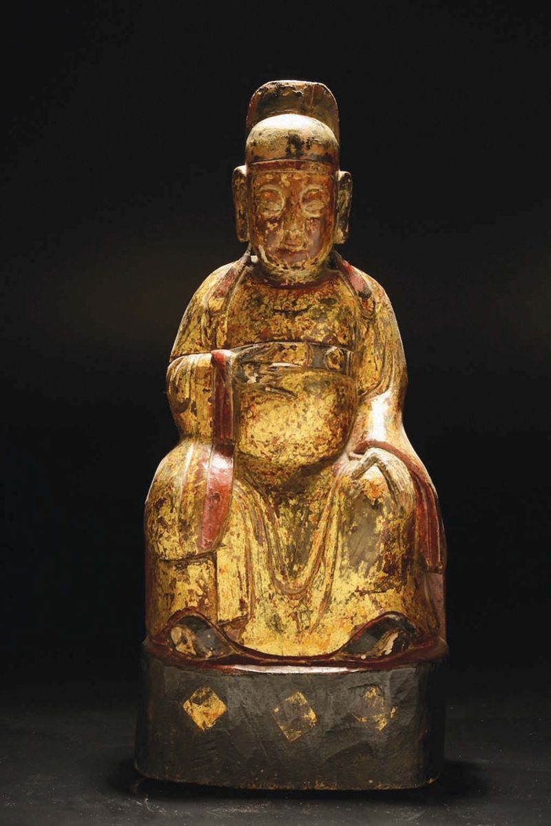 Figura di dignitario su trono in legno laccato, Cina, Dinastia Qing, XVIII secolo  - Asta Chinese Works of Art - Cambi Casa d'Aste