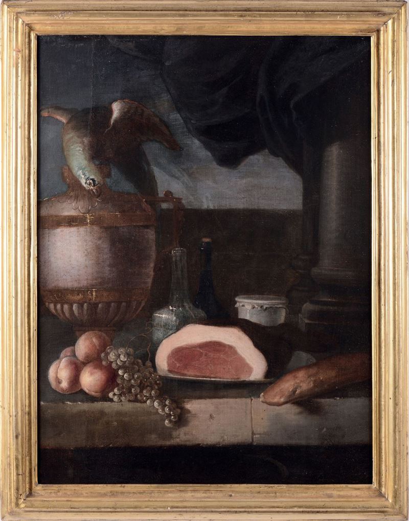 Scuola del XVIII secolo Natura morta con pappagallo, prosciutto e frutta  - Asta Antiquariato e Dipinti Antichi - I - Cambi Casa d'Aste