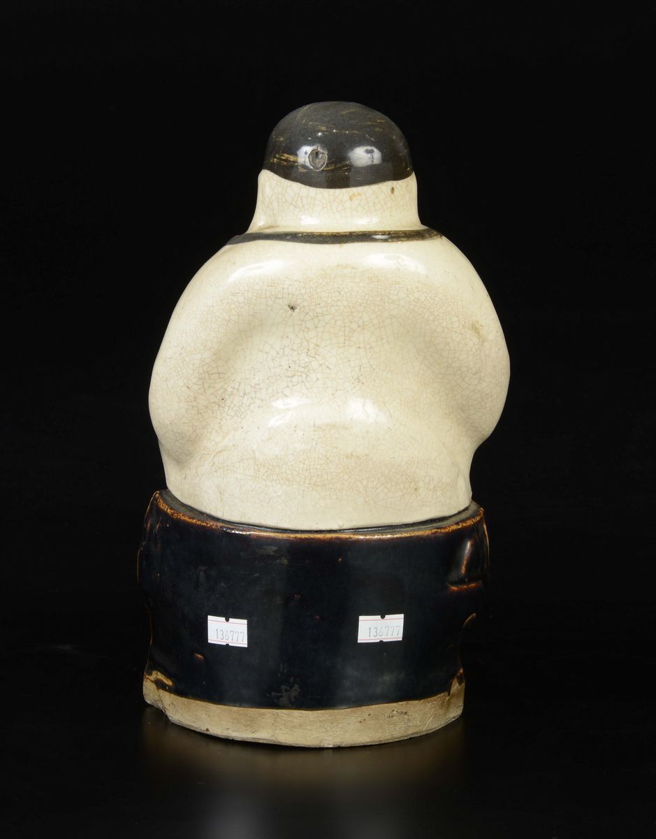 Budai Seduto su Fiore di Loto in Terracotta Smaltata, Cina, XX Secolo