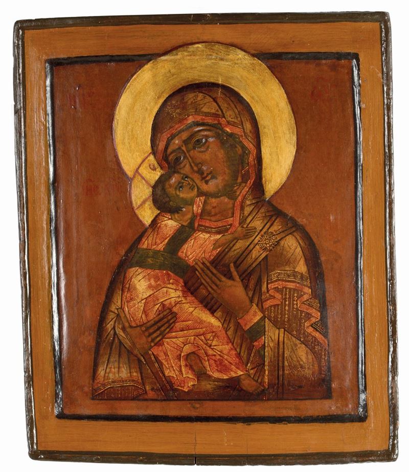 Icona raffigurante Madonna di Vladimir, XIX secolo  - Auction Antique and Old Masters - I - Cambi Casa d'Aste