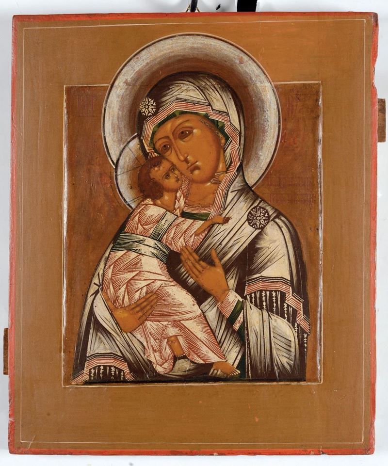 Icona raffigurante Madonna di Vladimir, XIX secolo  - Auction Antique and Old Masters - I - Cambi Casa d'Aste