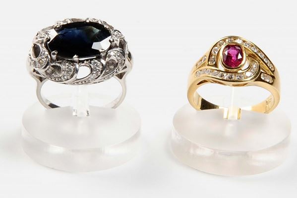 Two sapphire and ruby rings