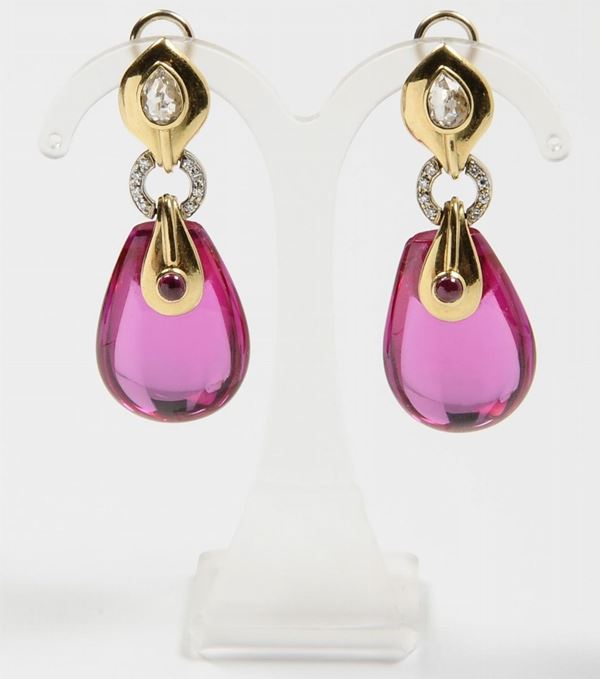 A pair of pink quartz and diamond pendent earrings